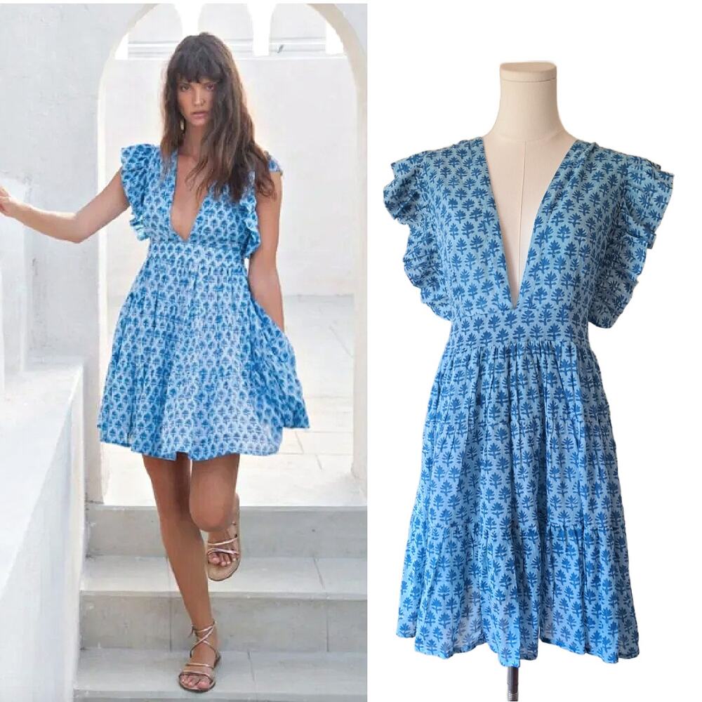 NEW Oliphant Fern Blue Cross Back Mini Dress Cotton Tiered Ruffle Medium Boho